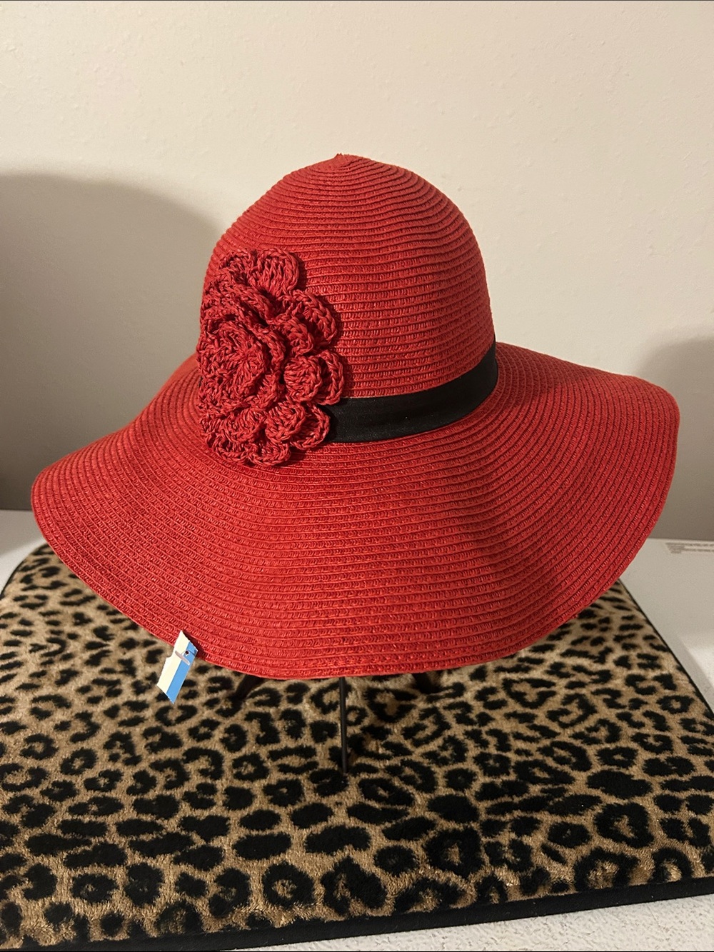 Red Wide-Brim Sun Hat with Flower Accent
 OS